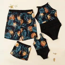 Family Matching Swimsuits Floral Palm Tree One Piece Swimwear Mother Daughter Swimwear