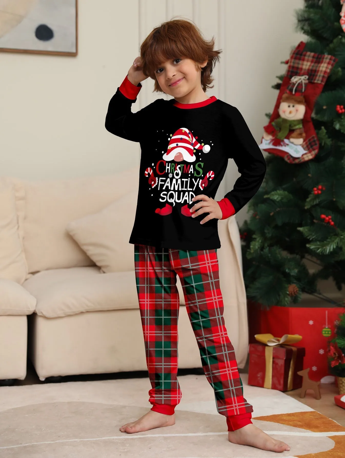 Family Parent-Child Christmas Cake Hat Plaid Pajamas Set