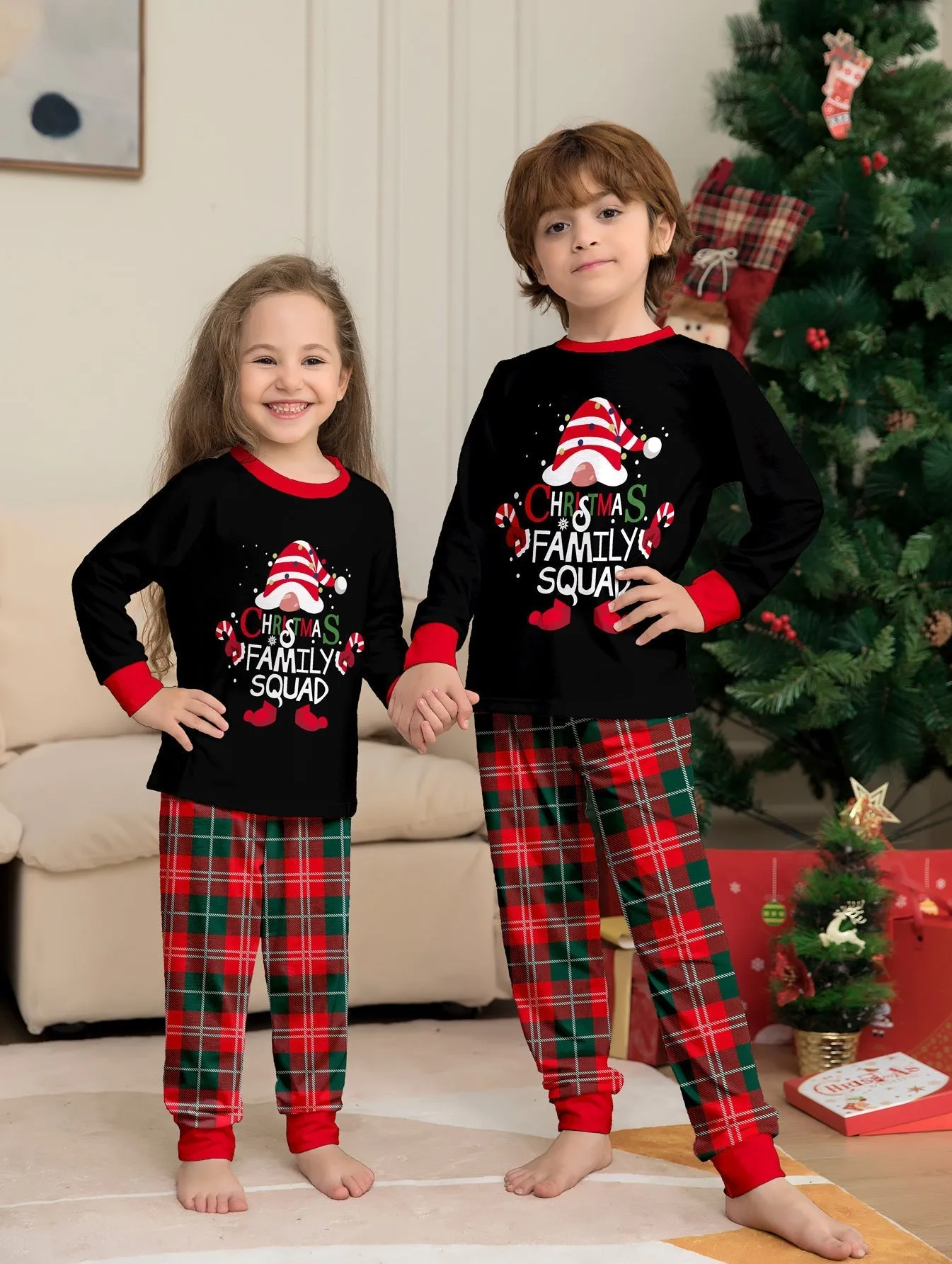 Family Parent-Child Christmas Cake Hat Plaid Pajamas Set