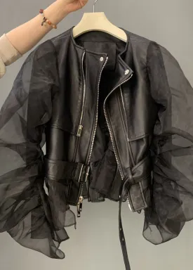 Fashion Black Tulle Puff Sleeve Zippered Patchwork Faux Leather Jackets  FA227