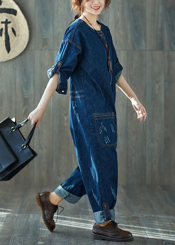 Fashion dark Blue O-Neck pockets denim Jumpsuits Spring