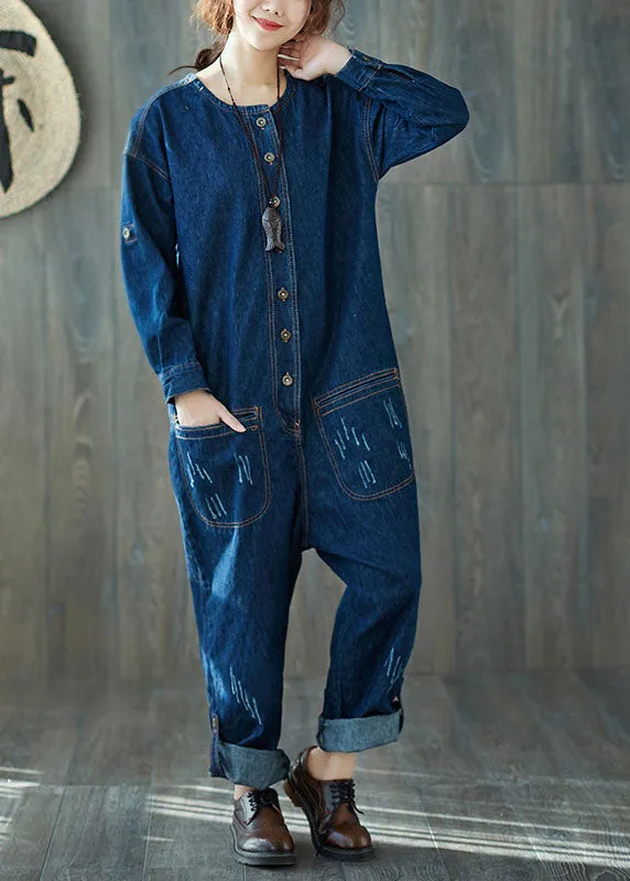 Fashion dark Blue O-Neck pockets denim Jumpsuits Spring