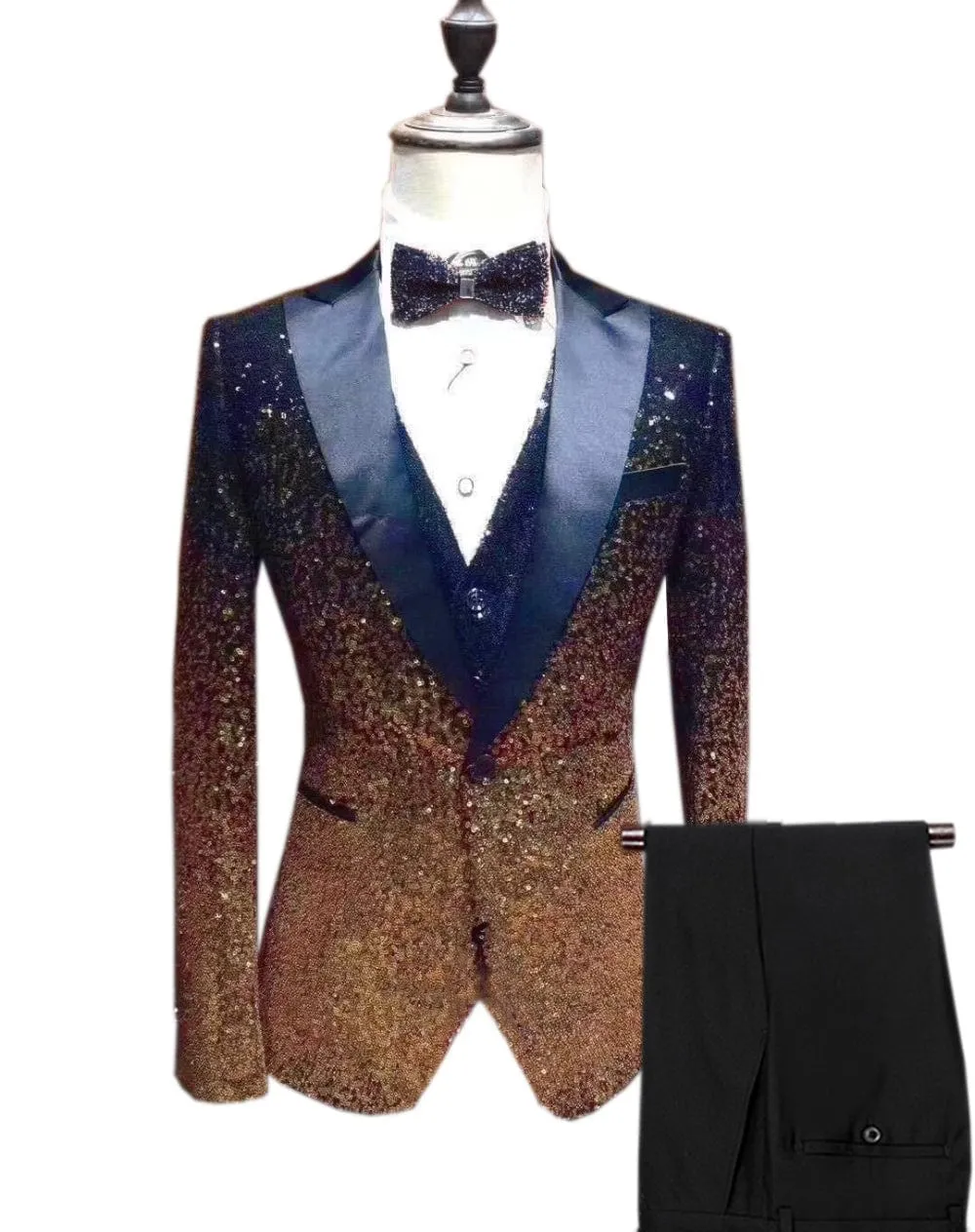 Fashion Gradient Sequined Tuxedo Peak lapel Men's Suit (Blazer   Vest   Pants)