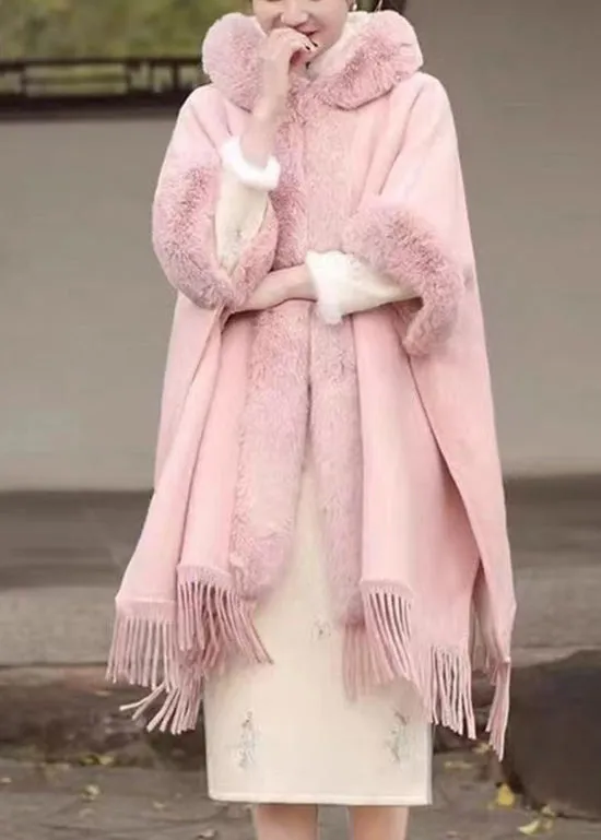 Fashion Pink Fur Collar Tassel Hooded Woolen Coat Fall WO041