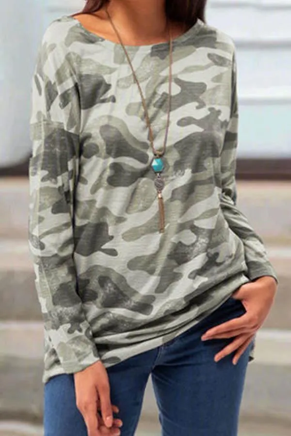 Fashion round neck casual camouflage print long sleeve T-shirt