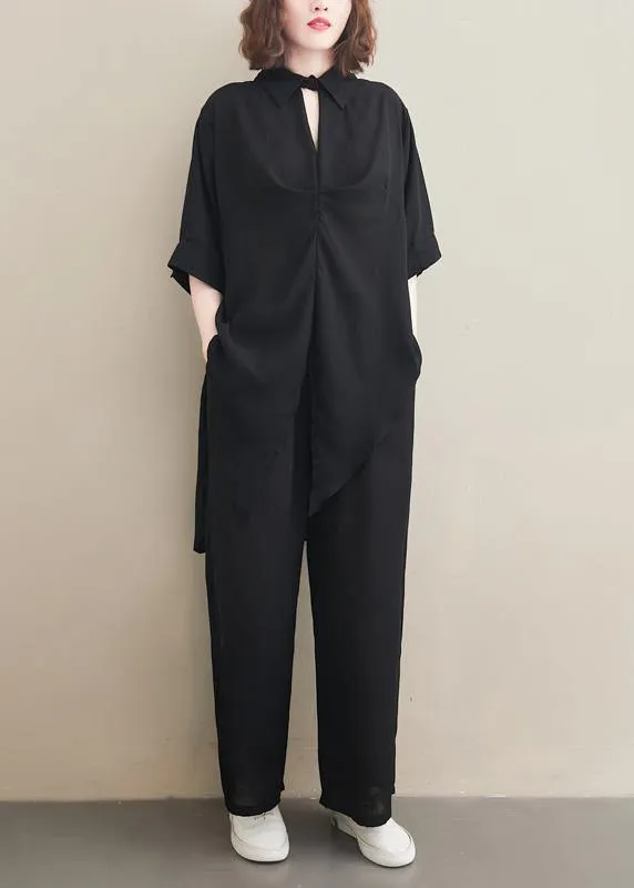 Fashion Suit Spring Loose Black Chiffon Shirt Quarter Wide Leg Pants