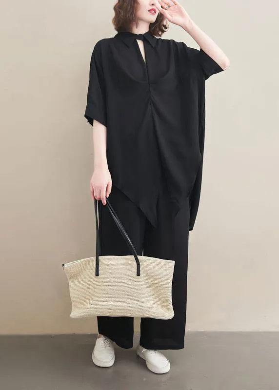 Fashion Suit Spring Loose Black Chiffon Shirt Quarter Wide Leg Pants