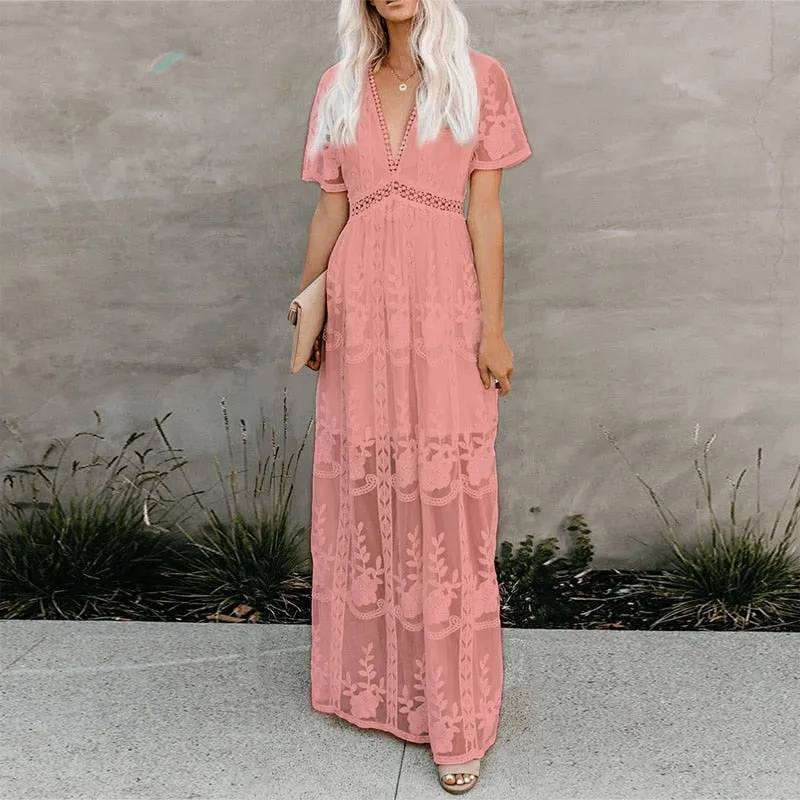 Fashionkova   Embroidery Lace Hollow Out Maxi Dress For Women 2022 Summer Beach Vacation V Neck Elegant Pink Black White Long Dresses Vestido