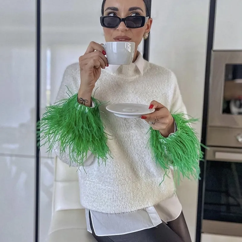 Fashionkova   White Shirt Patchwork Cuff Green Furry Feather Women 2022 Spring Long Sleeve Vintage Chic Loose Blouse Elegant Button Top Casual