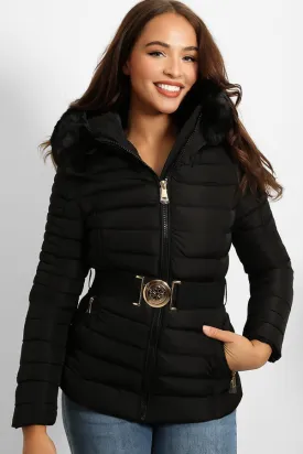 FAUX FUR HOODED BLACK PADDED JACKET WITH ELASTIC BUCKLE BELT