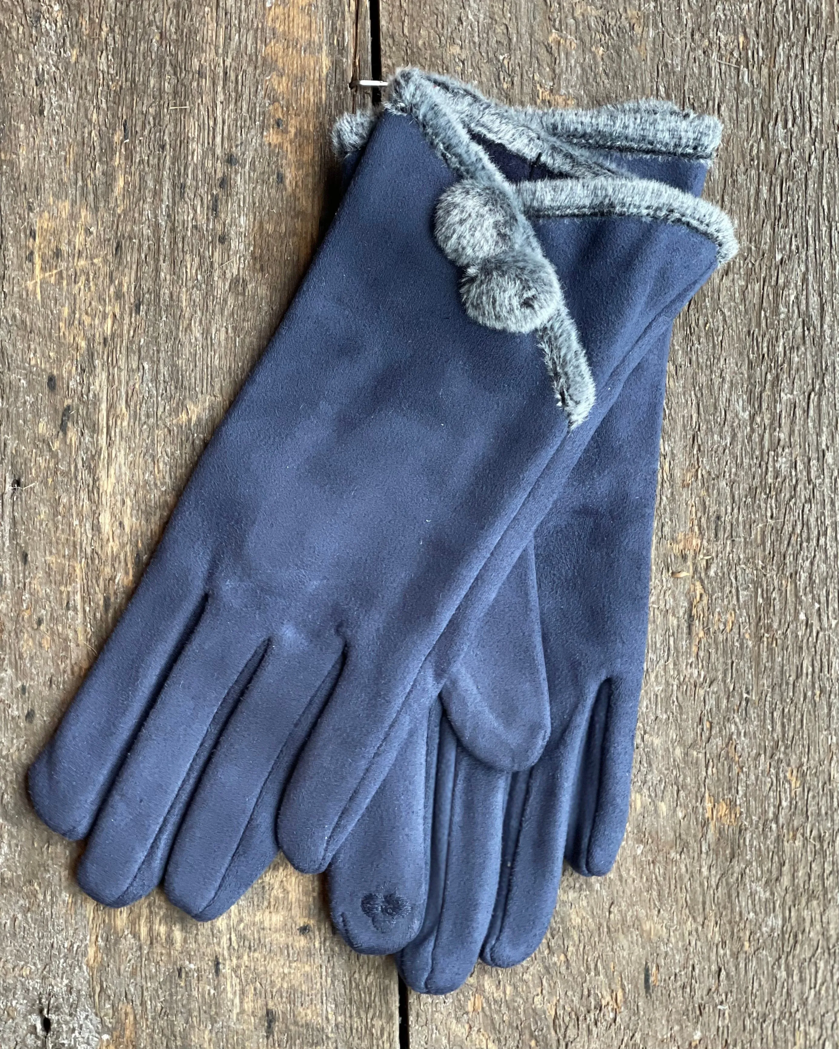 Faux Suede Gloves With Faux Fur Edging - Blue