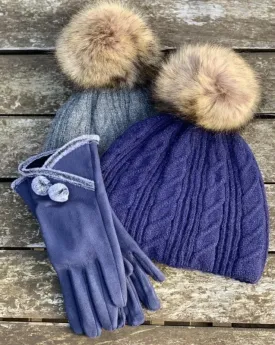 Faux Suede Gloves With Faux Fur Edging - Blue