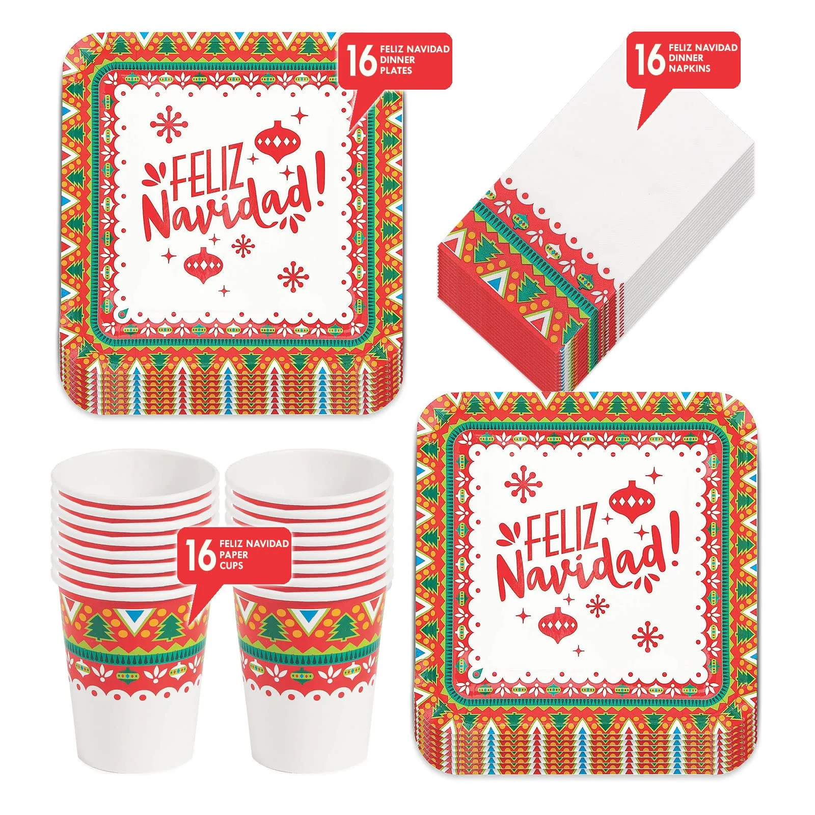 Feliz Navidad Party Paper Dinner Plates, Napkins, and Cups (Serves 16)