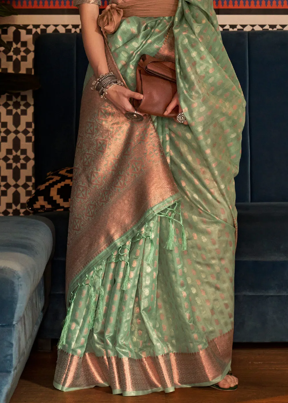 Fern Green Zari Woven Tissue Silk Saree