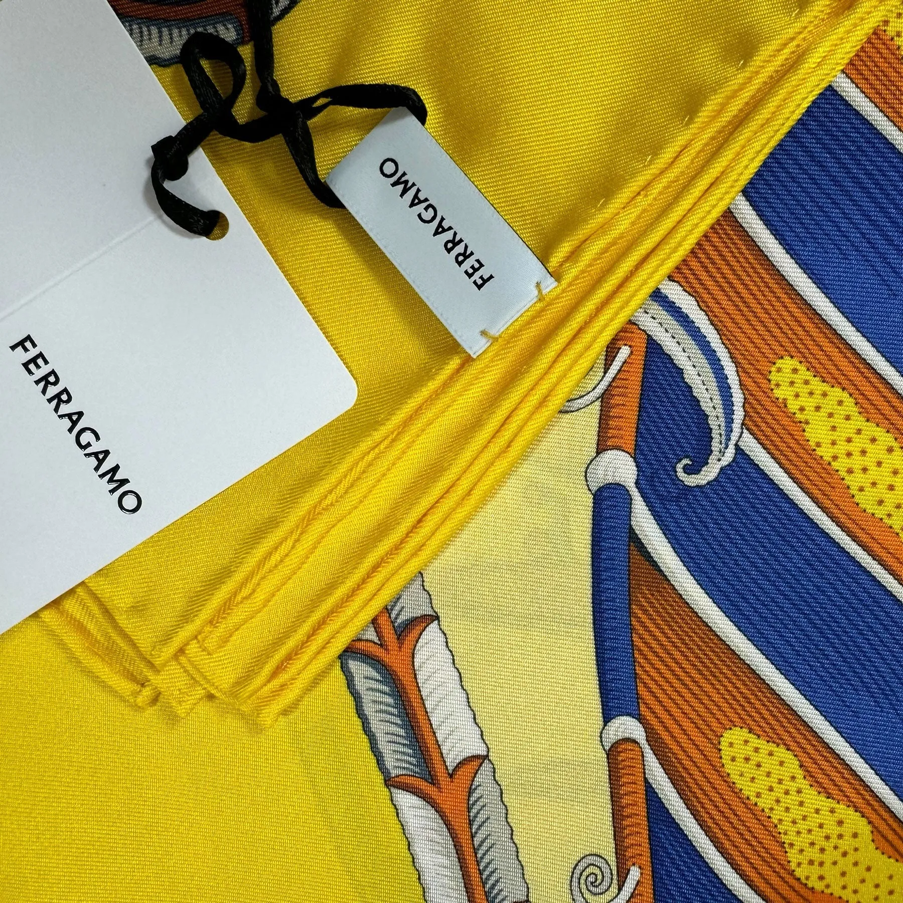 Ferragamo Scarf Yellow Fish Design - Twill Silk Foulard - New 2024 Collection - SALE