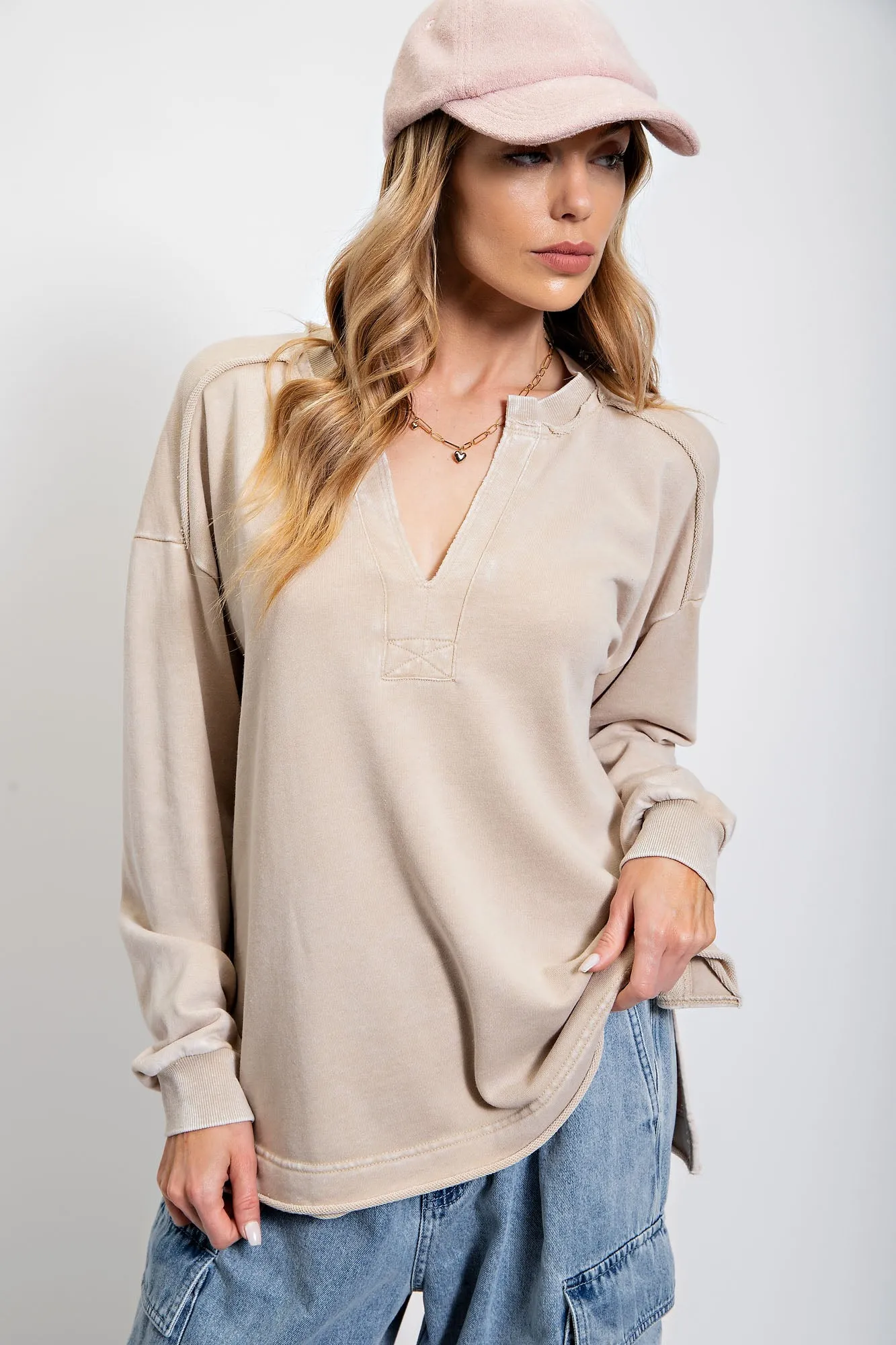 FINAL SALE - Back Slit Vneck French Terry Pullovers - 2 Colors!