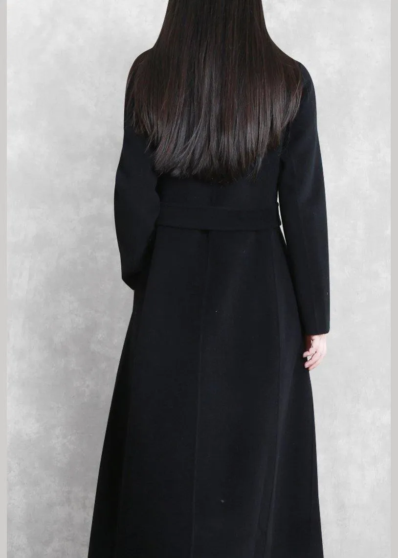 Fine Loose fitting maxi coat woolen outwear black tie waist pockets overcoat