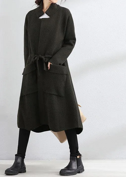 Fine plus size fall coat army green Square Collar tie waist Woolen Coats