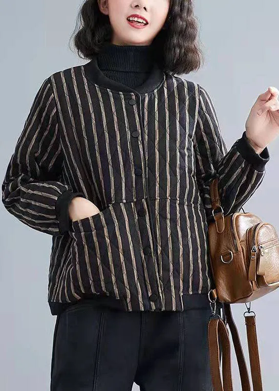 Fine Striped Zippered Pockets Winter Cotton Coats Long sleeve