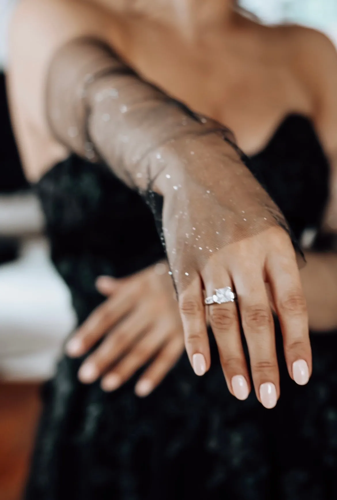 Fingerless Black Glitter Bridal Gloves