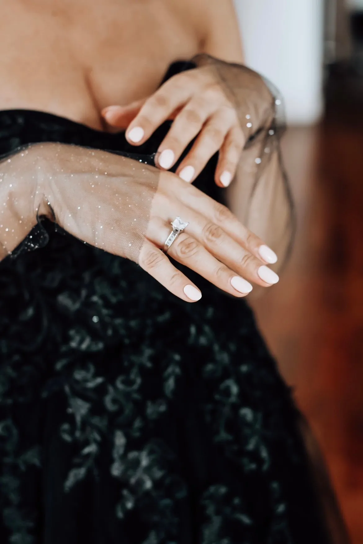 Fingerless Black Glitter Bridal Gloves