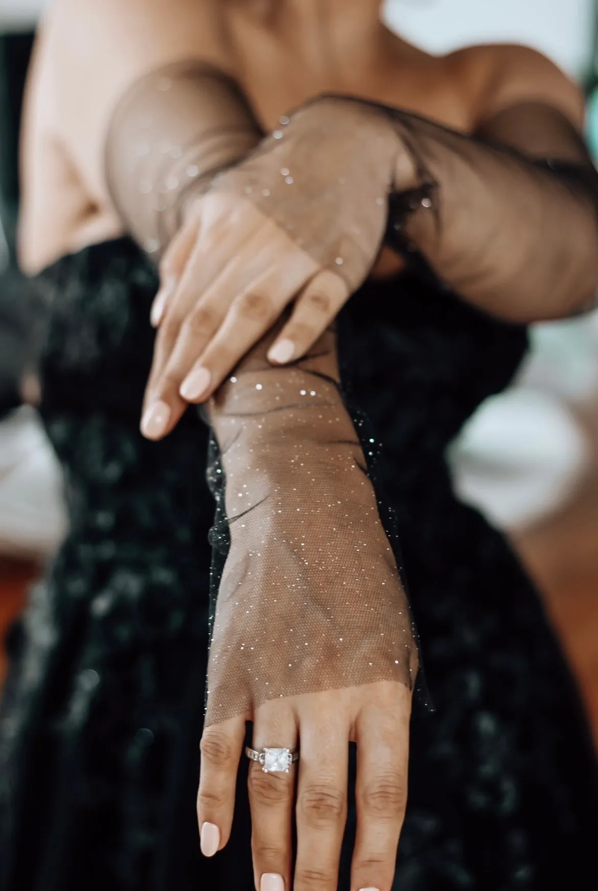 Fingerless Black Glitter Bridal Gloves