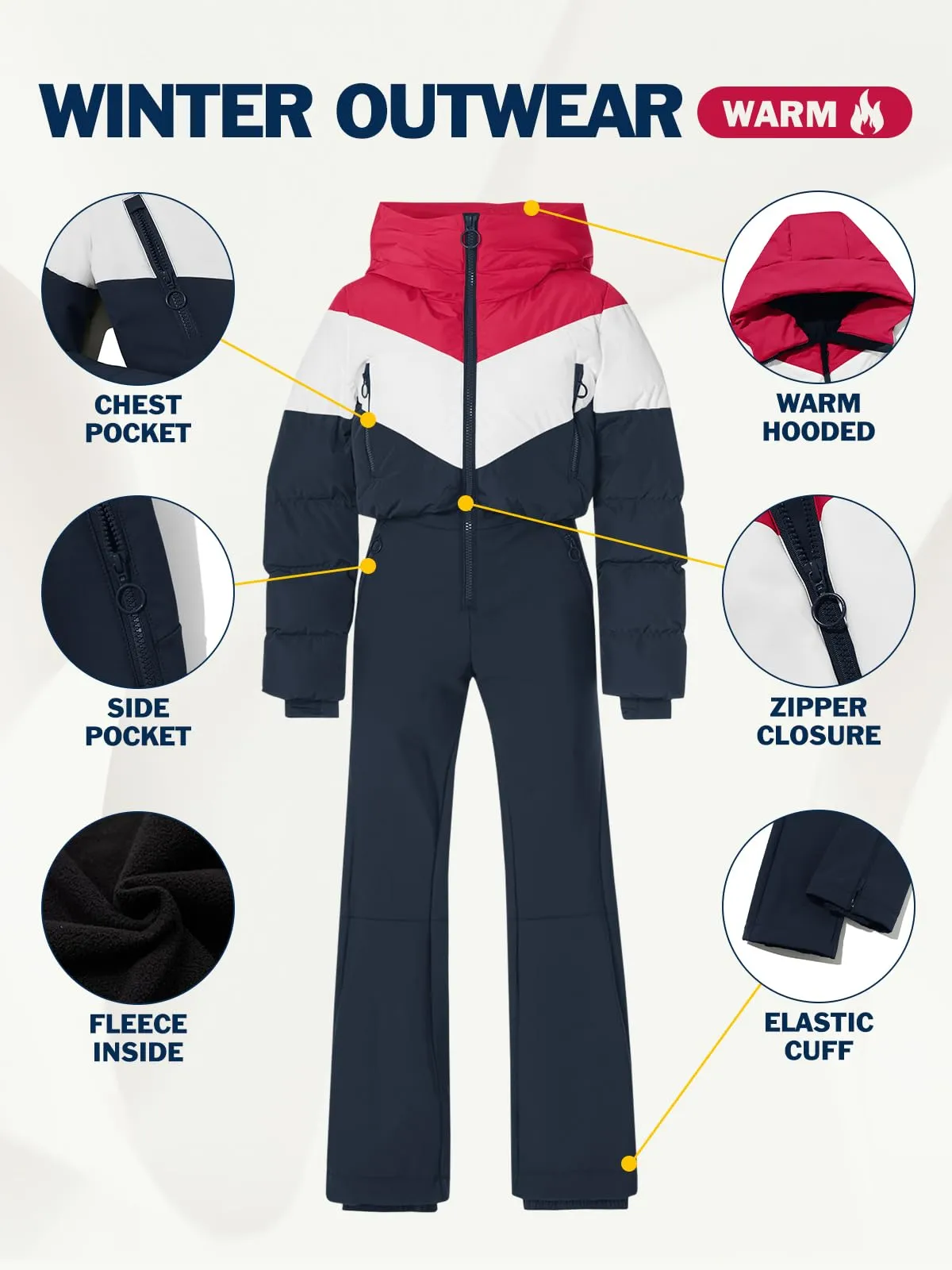 Fisoew Womens One Piece Ski Suit Warm Waterproof Snowsuits Winter Snow Jumpsuits Outdoor Sports Outerwear