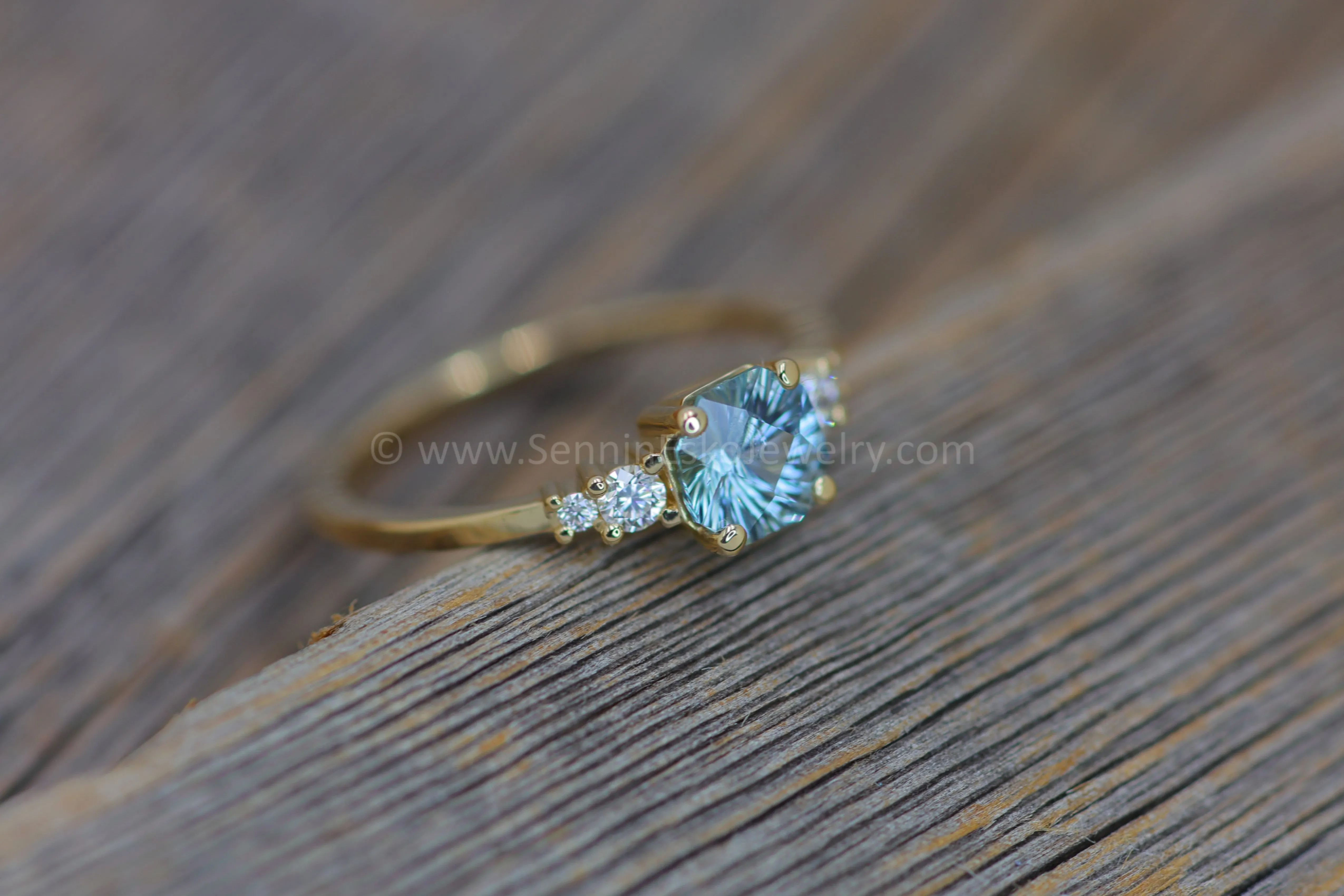 Five Stone Diamond Accented Multi Prong Setting - Depicted with a Sky Blue Montana Sapphire (Setting Only, Center Stone Sold Separately)