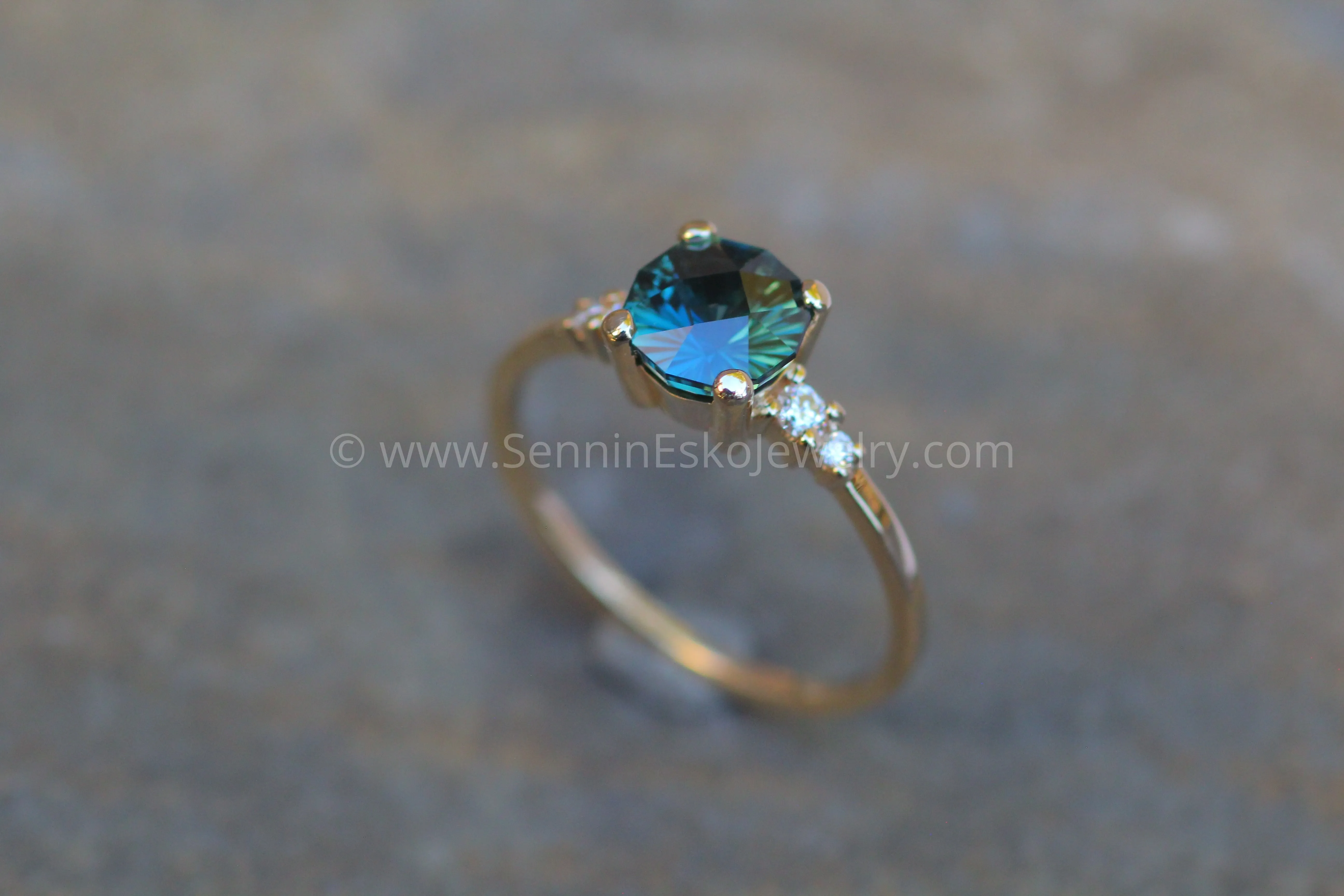 Five Stone Diamond Accented Multi Prong Setting - Depicted with a Teal Sapphire (Setting Only, Center Stone Sold Separately)