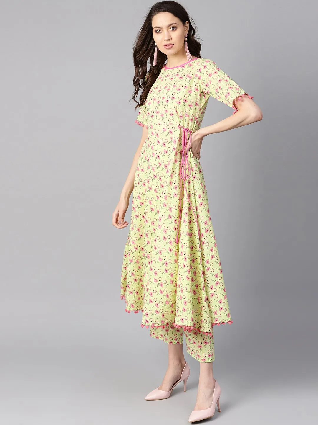 Flamingo bird print anarkali with side dori and pom pom lace detailing with flamingo bird printed pants