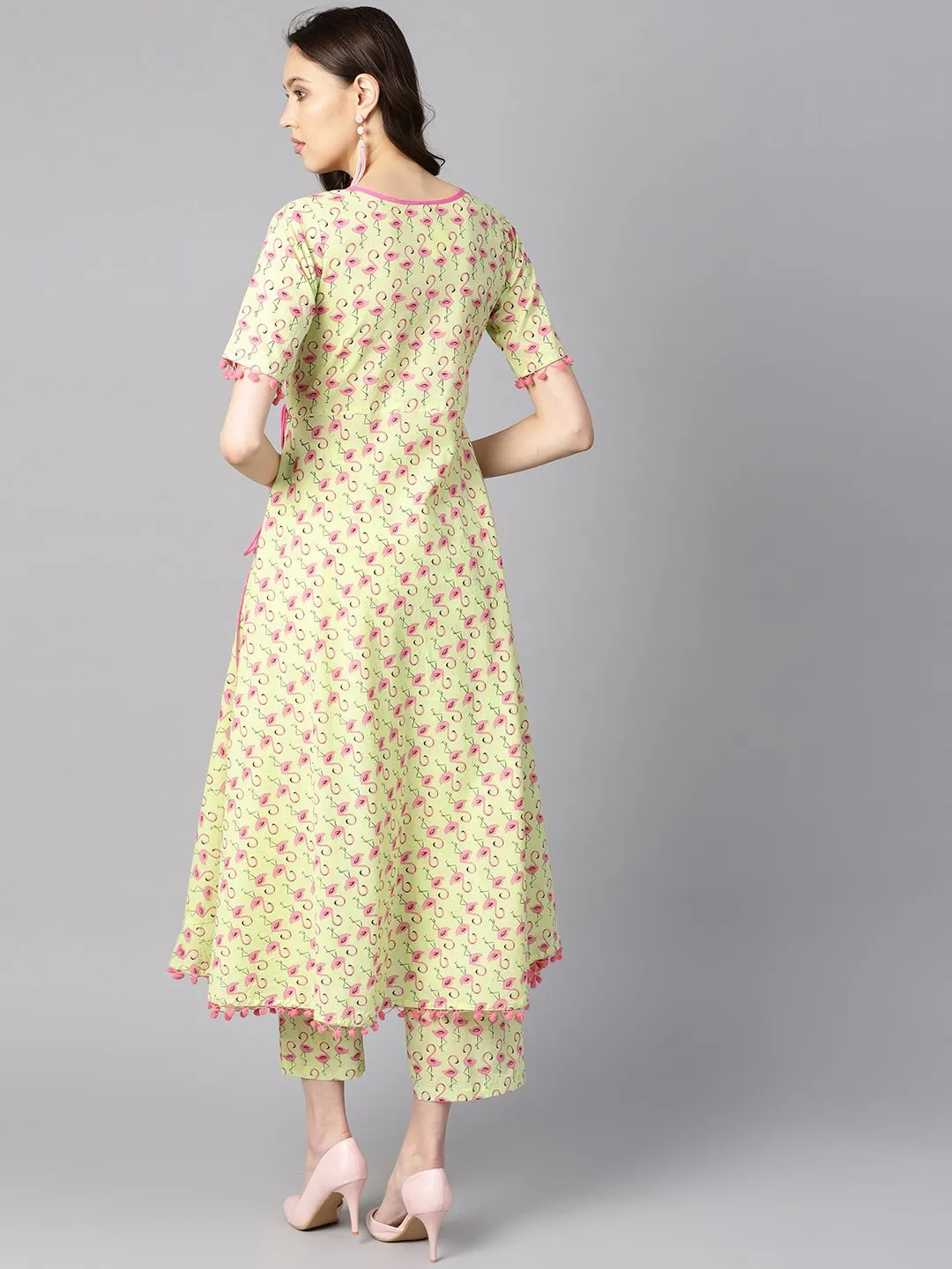 Flamingo bird print anarkali with side dori and pom pom lace detailing with flamingo bird printed pants