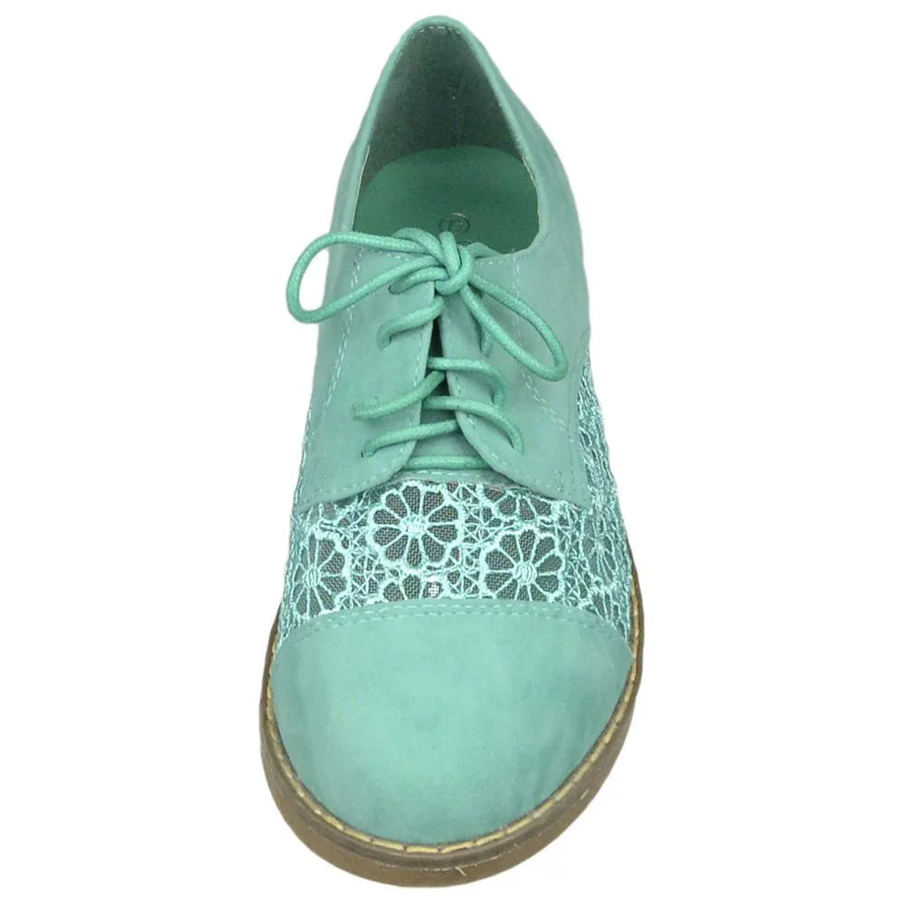 Flat shoes For Women Embroidered Flower Lace Up Oxford Flats Green