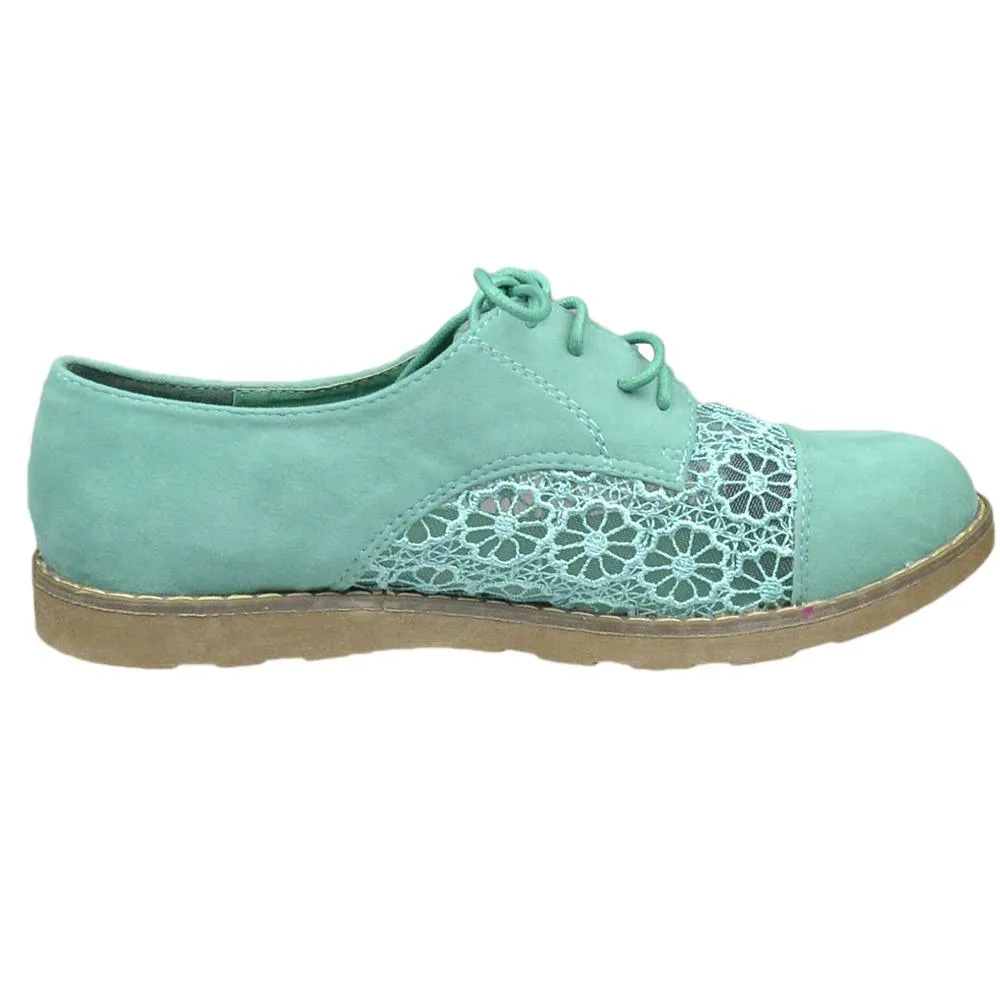 Flat shoes For Women Embroidered Flower Lace Up Oxford Flats Green