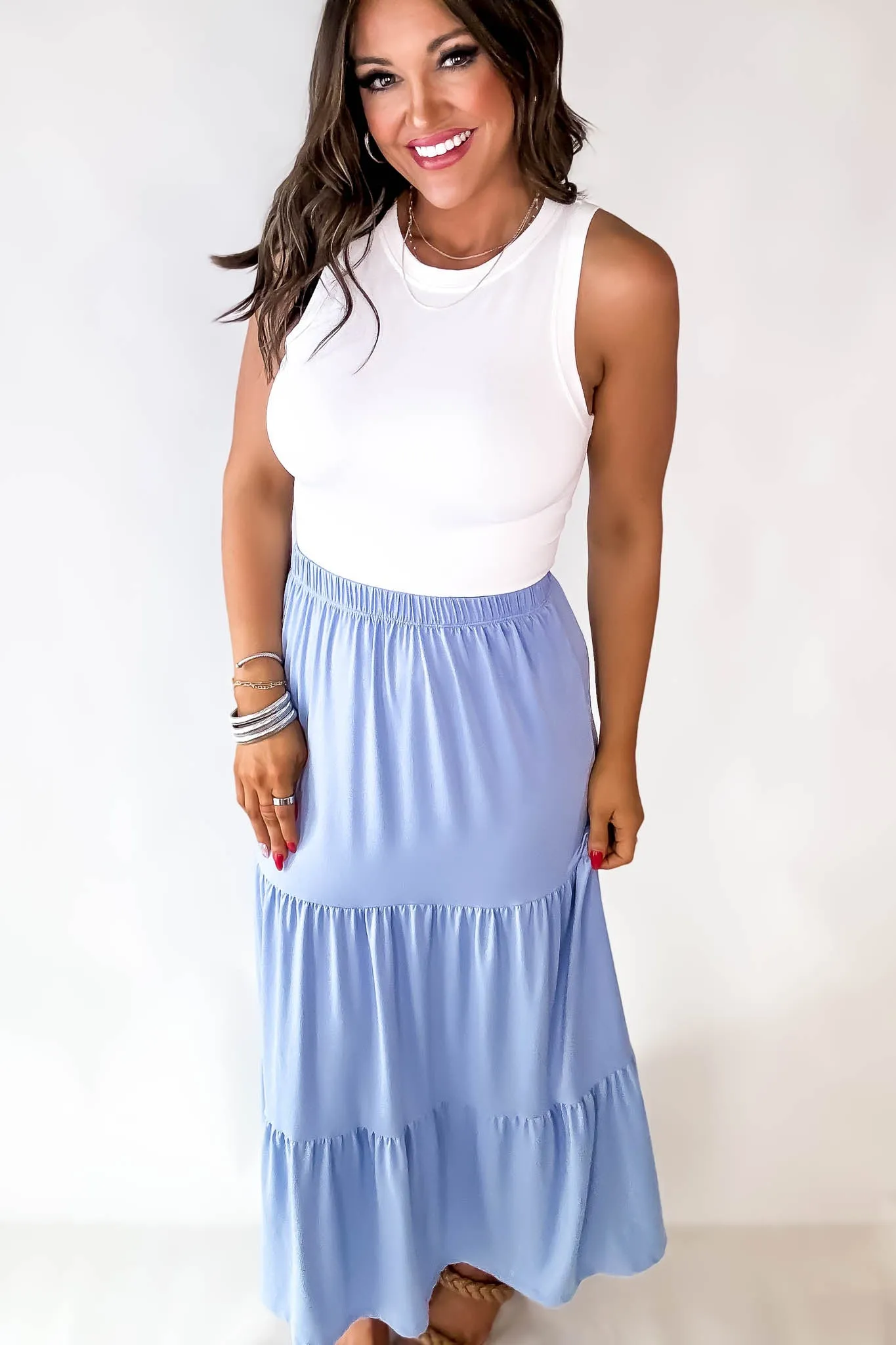 Floating Dreams Hazey Blue Tiered Midi Maxi Skirt