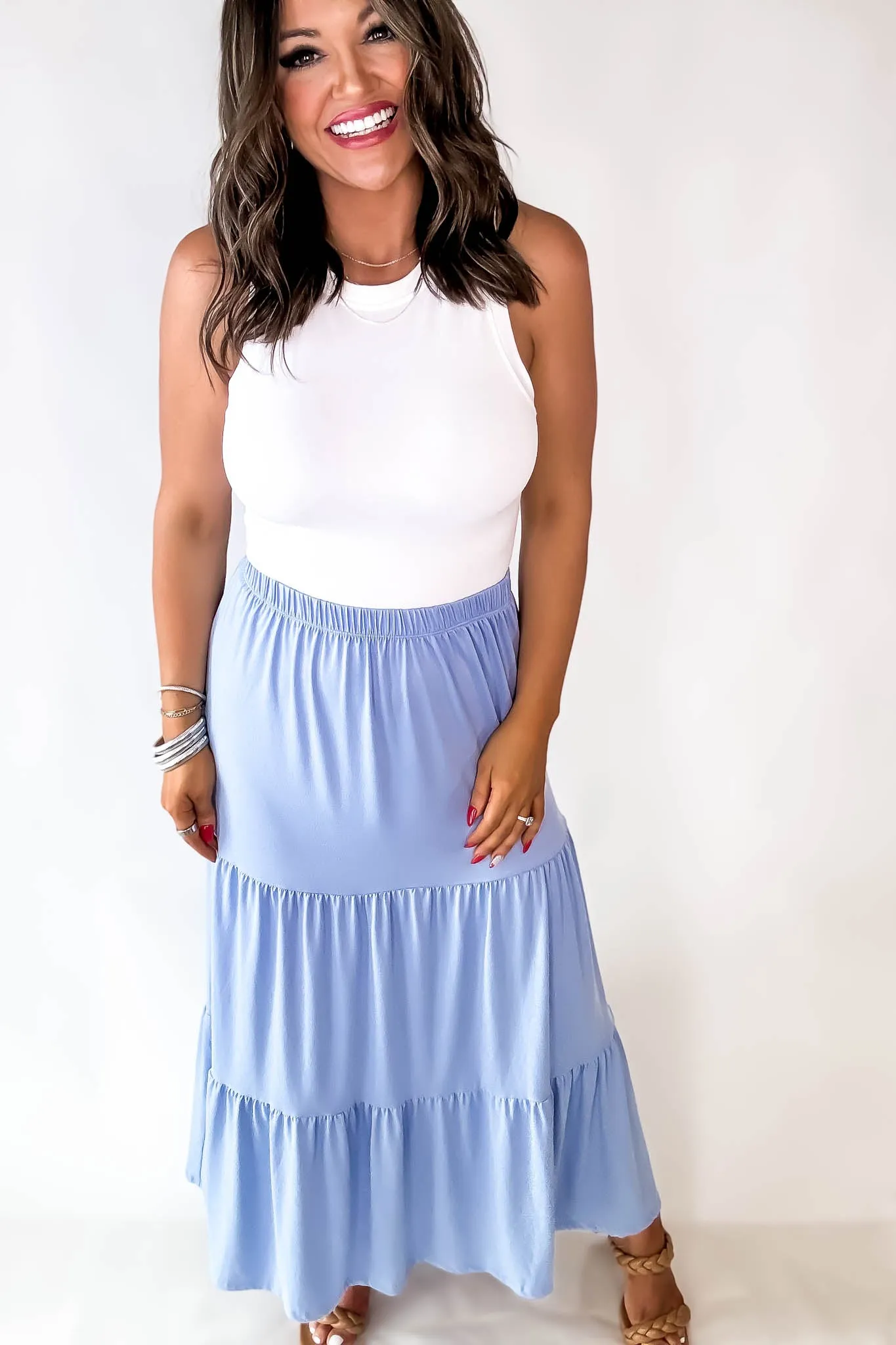 Floating Dreams Hazey Blue Tiered Midi Maxi Skirt