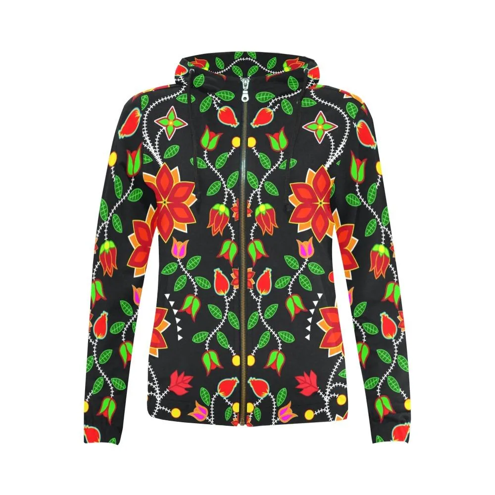 Floral Beadwork Six Bands Full Zip Hoodie for Women