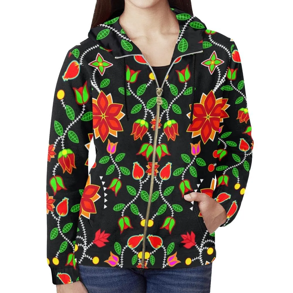 Floral Beadwork Six Bands Full Zip Hoodie for Women