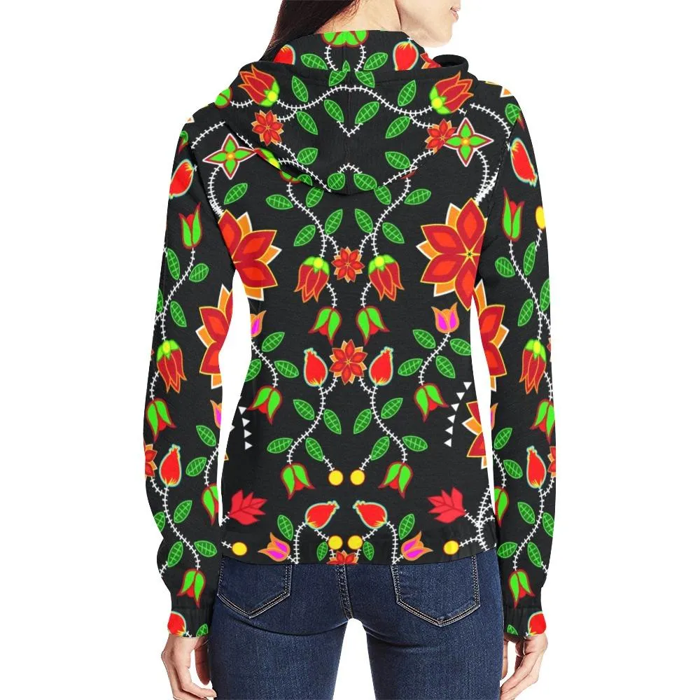 Floral Beadwork Six Bands Full Zip Hoodie for Women