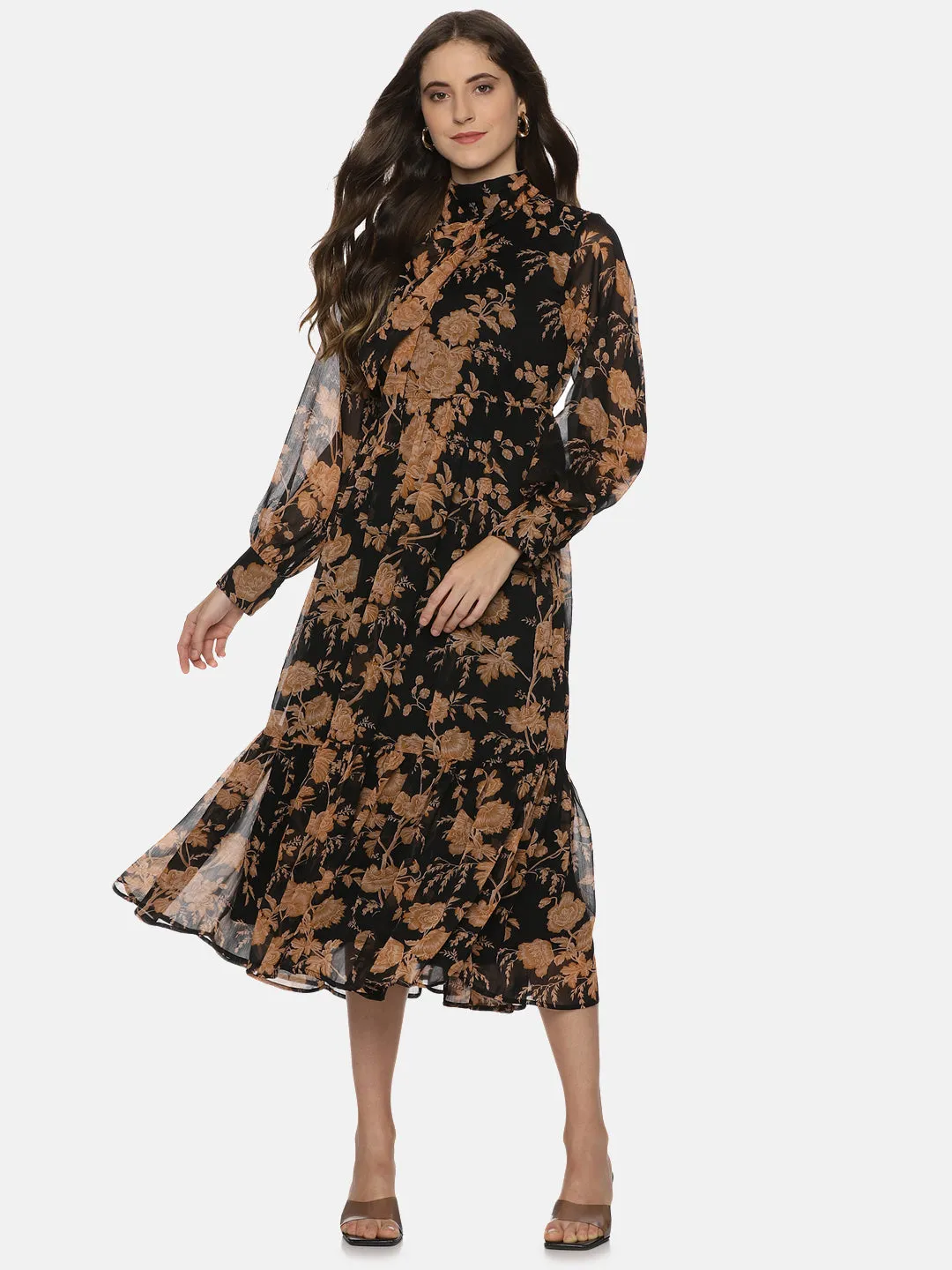 Floral Black Front Tie Knot Midaxi Dress