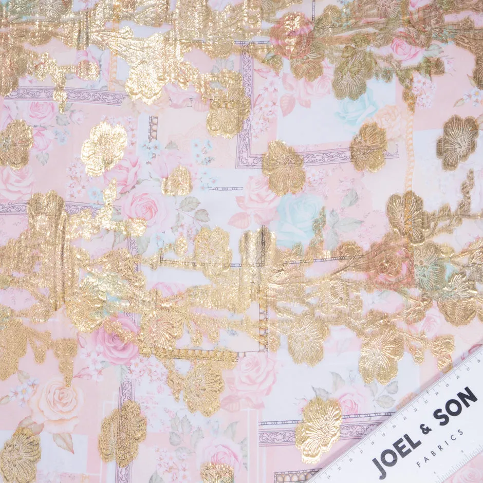 Floral on Pink & Lilac Patchwork Printed Metallic Chiffon