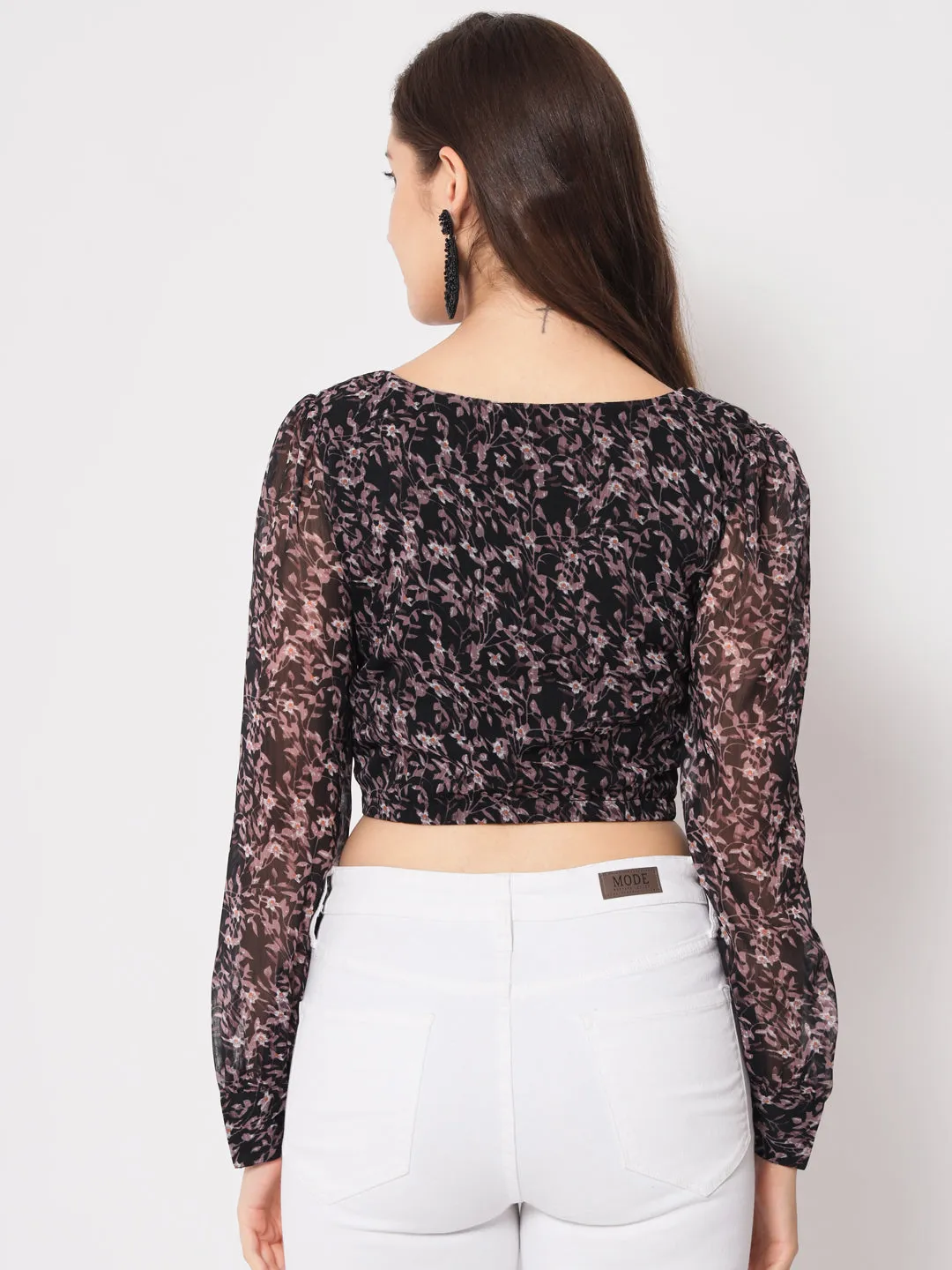 Floral Print Chiffon Blouson Crop Top