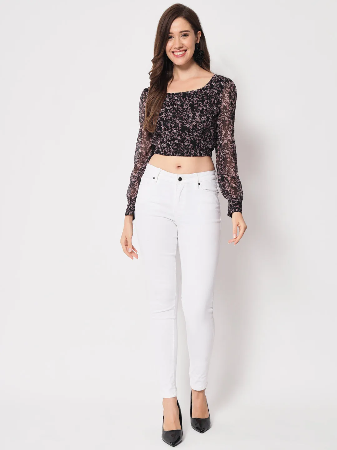 Floral Print Chiffon Blouson Crop Top