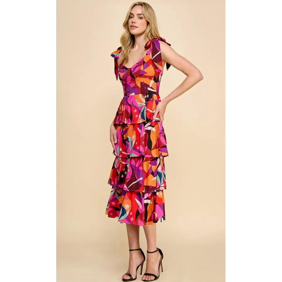 Floral Print Shoulder Strap Bow Tie Shoulder Strap Tiered Midi Dress