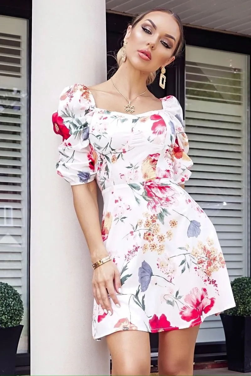 Floral print sweetheart neck ruched sleeve dress