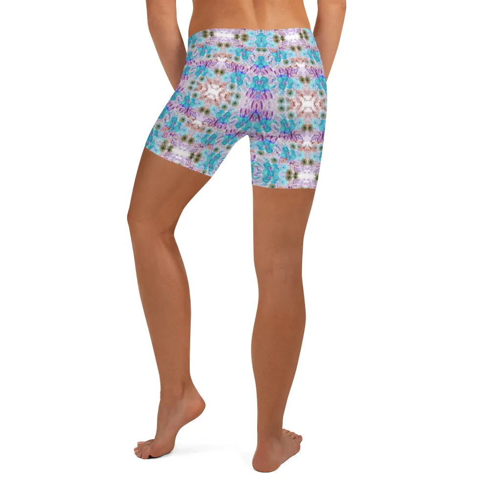 Floral Print Women's Shorts, Blue Purple Flower Print Gym Short Tights-Made in USA/EU/MX