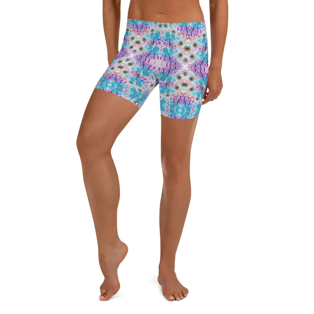 Floral Print Women's Shorts, Blue Purple Flower Print Gym Short Tights-Made in USA/EU/MX