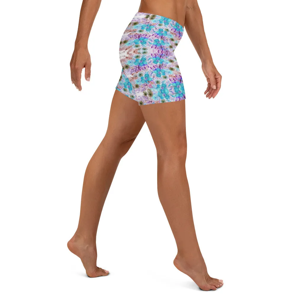 Floral Print Women's Shorts, Blue Purple Flower Print Gym Short Tights-Made in USA/EU/MX