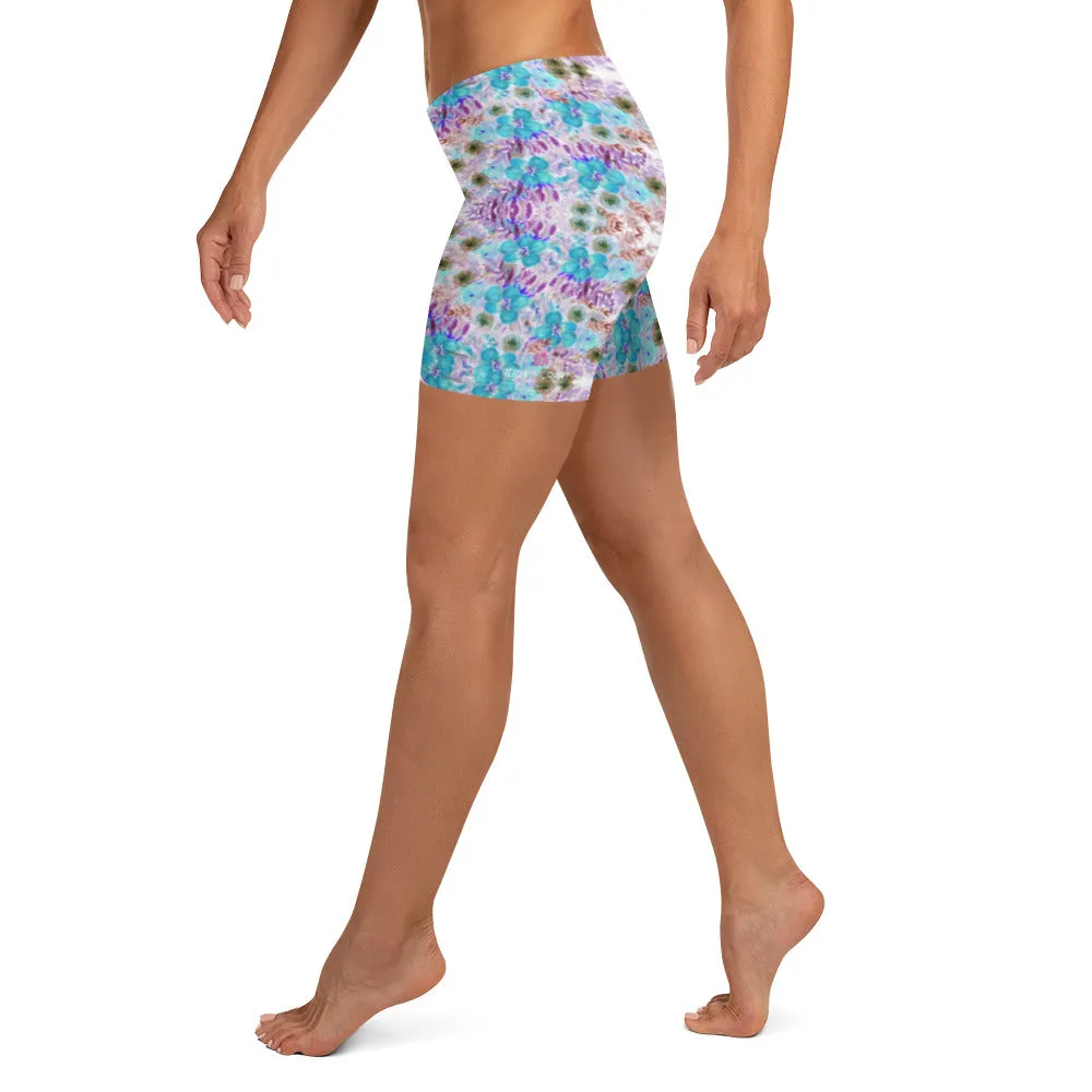 Floral Print Women's Shorts, Blue Purple Flower Print Gym Short Tights-Made in USA/EU/MX