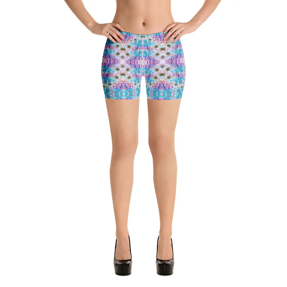 Floral Print Women's Shorts, Blue Purple Flower Print Gym Short Tights-Made in USA/EU/MX