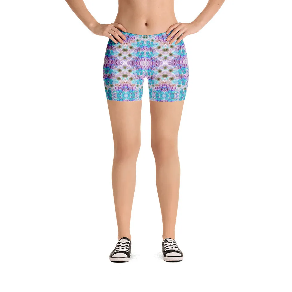 Floral Print Women's Shorts, Blue Purple Flower Print Gym Short Tights-Made in USA/EU/MX